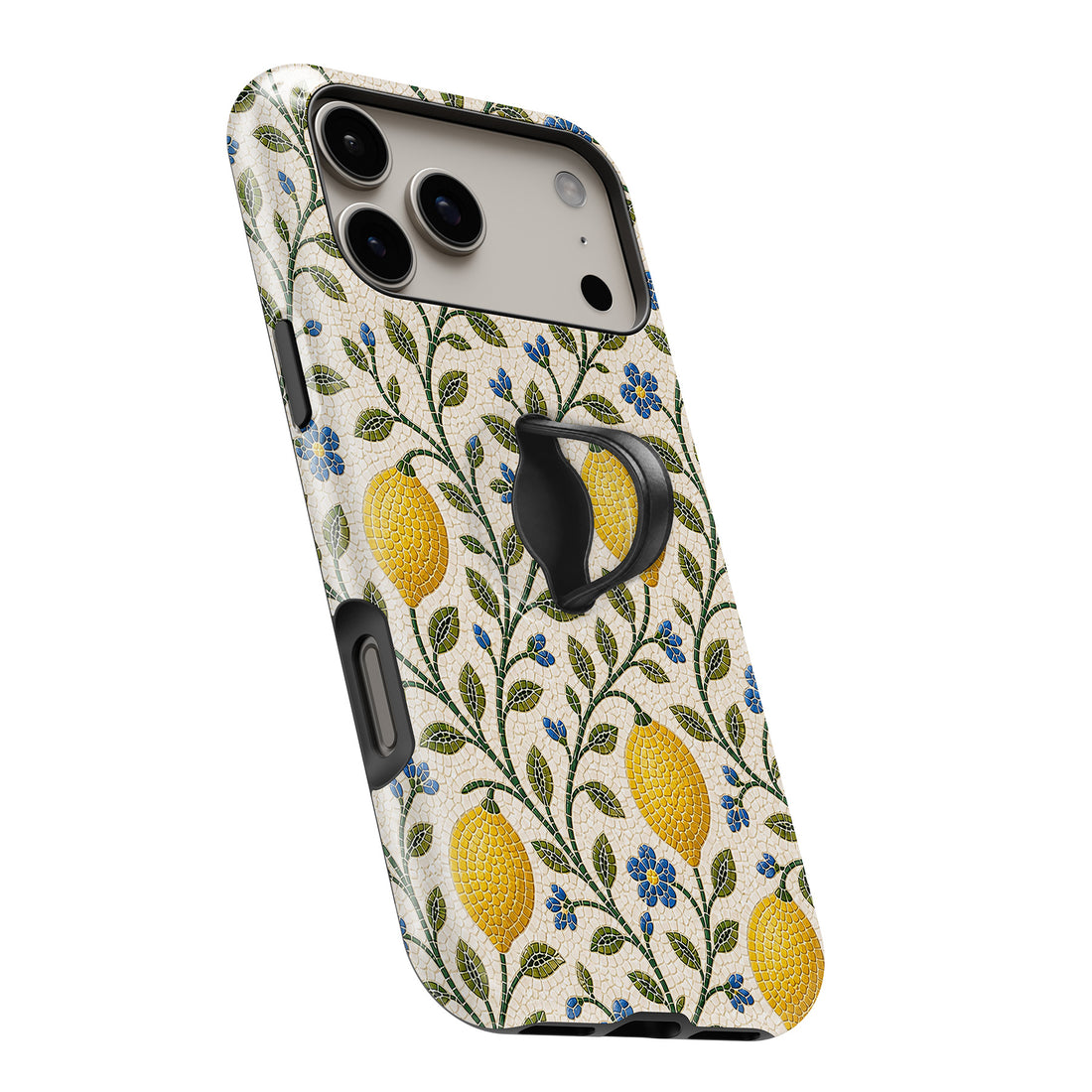 Lemon Botanical MagSafe Loop iPhone case with built-in finger loop open