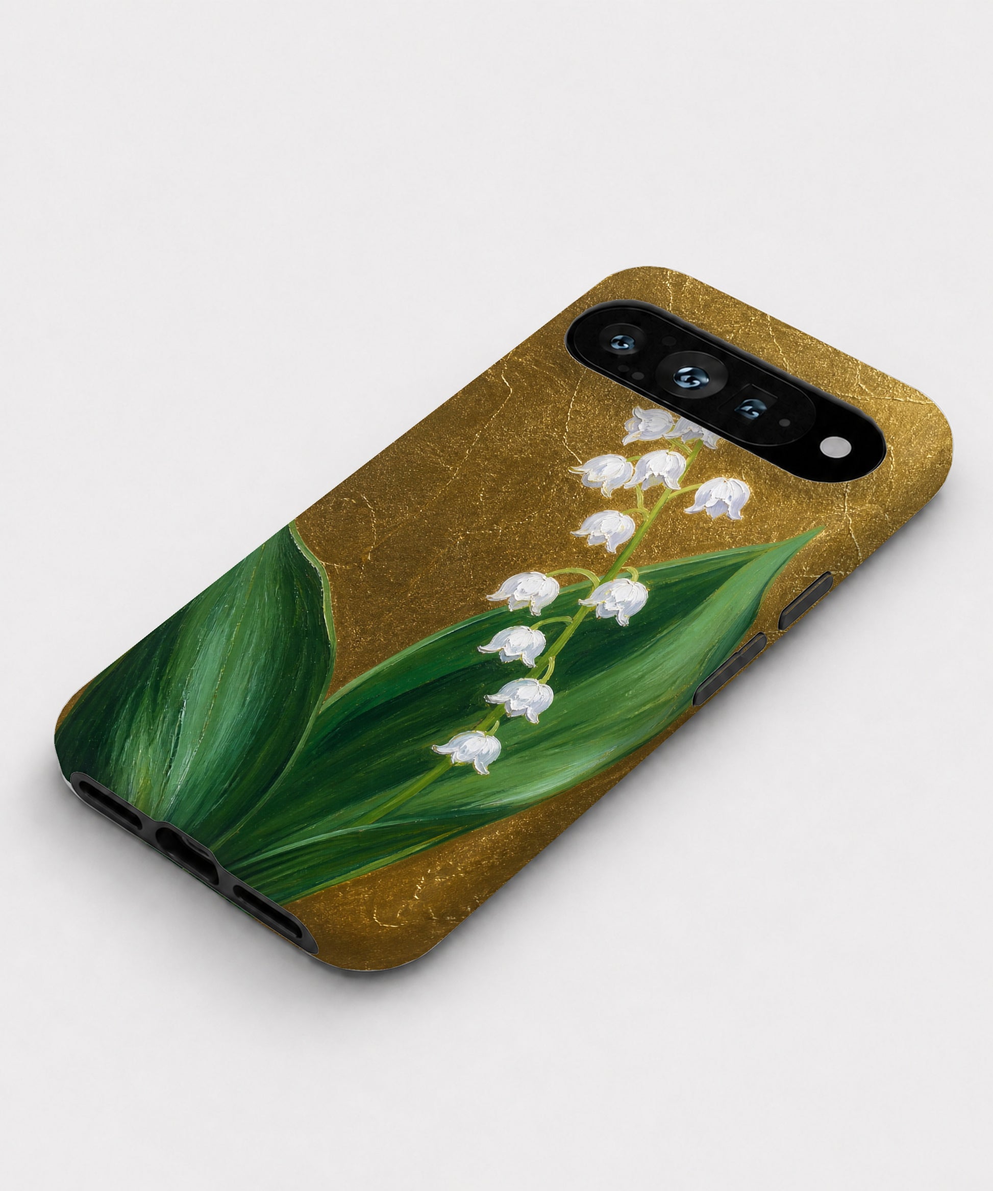 Lily of the Valley on Gold Google Pixel case front view