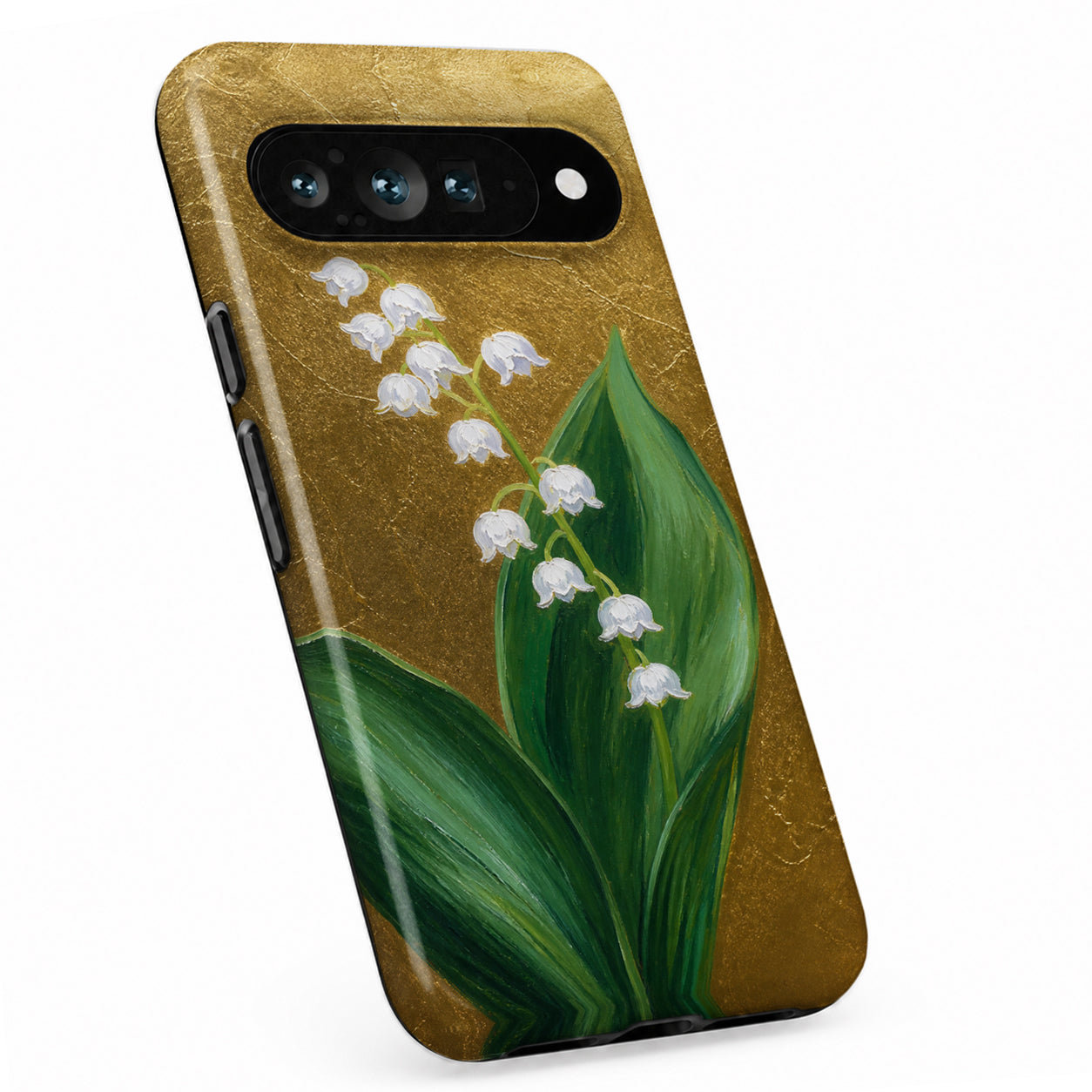 Lily of the Valley on Gold Google Pixel case with botanical flowers and leaves