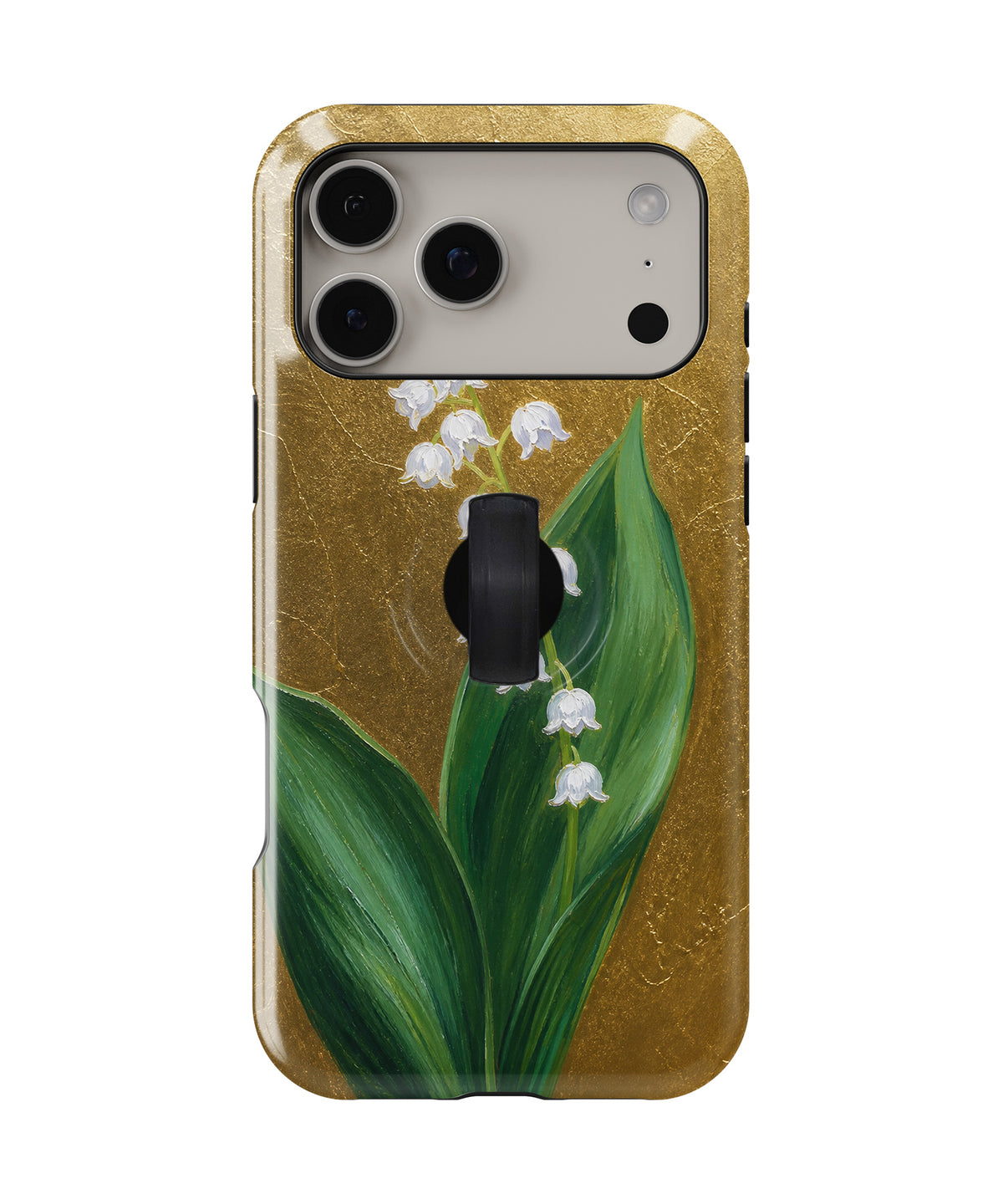 Lily of the Valley on Gold MagSafe Loop iPhone Case with built-in finger loop closed
