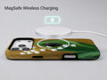 Lily of the Valley on Gold MagSafe Loop iPhone Case shown with a MagSafe-compatible wireless charger attached