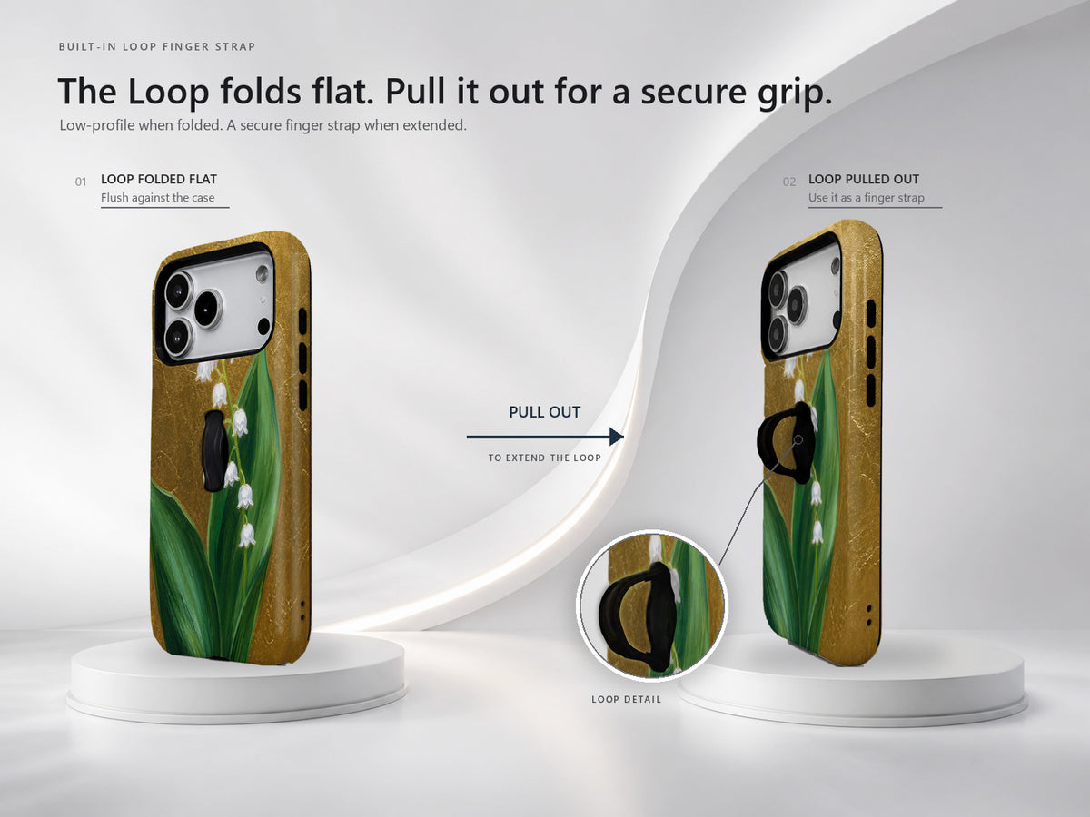 Lily of the Valley on Gold MagSafe Loop iPhone Case side view showing the built-in finger loop
