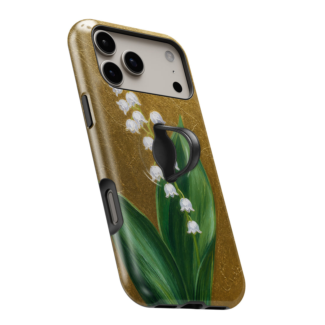Lily of the Valley on Gold MagSafe Loop iPhone case with built-in finger loop open