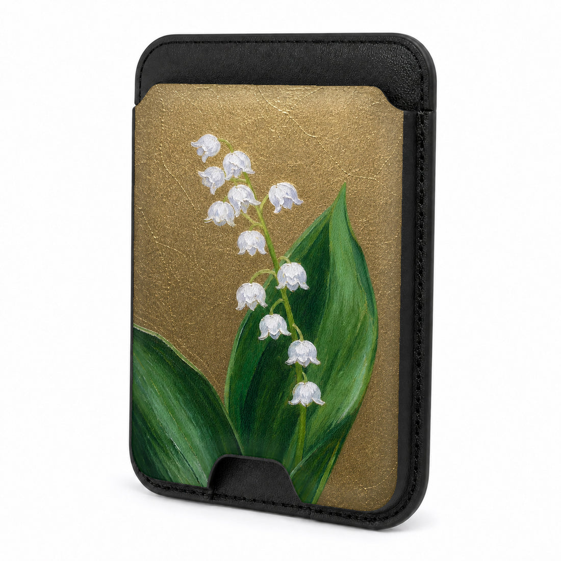 Front view of the Lily of the Valley on Olive MagSafe card holder on a white background