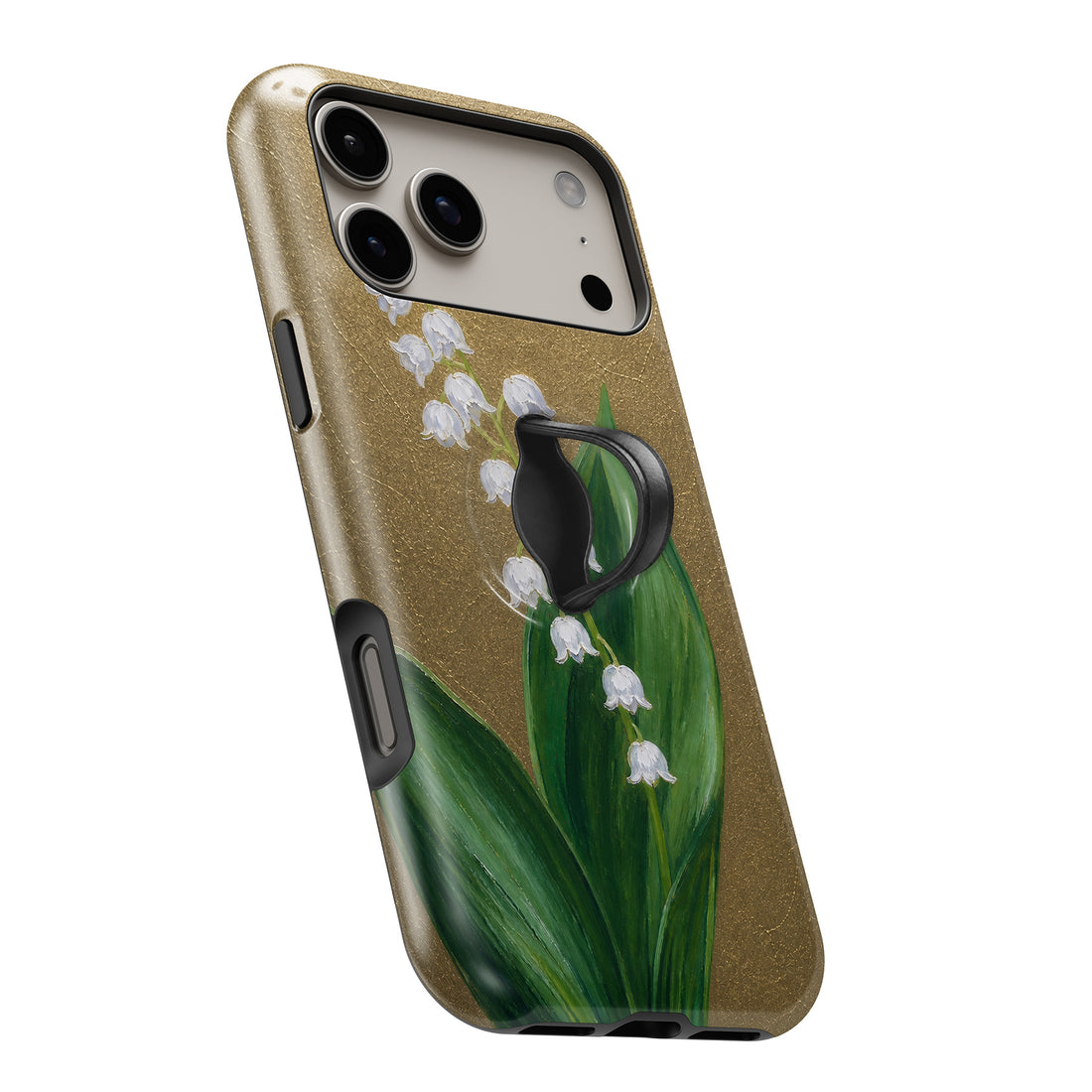 Lily of the Valley on Olive MagSafe Loop iPhone case with built-in finger loop open