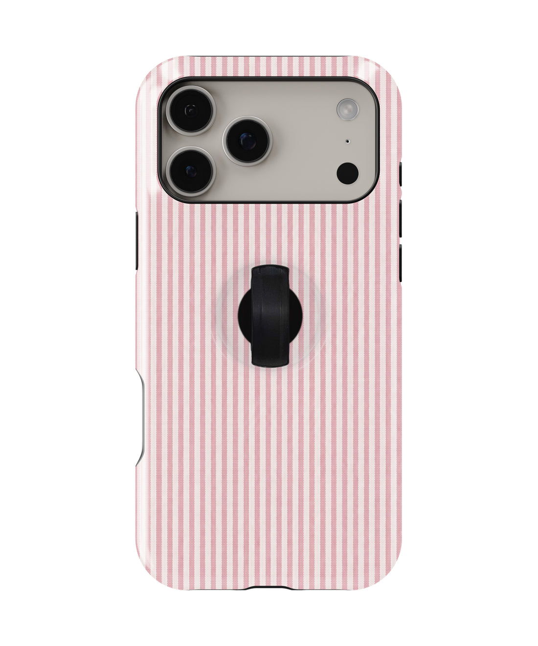 Pink and White Pinstripe MagSafe loop iPhone case with kickstand, back view with the finger loop folded flat