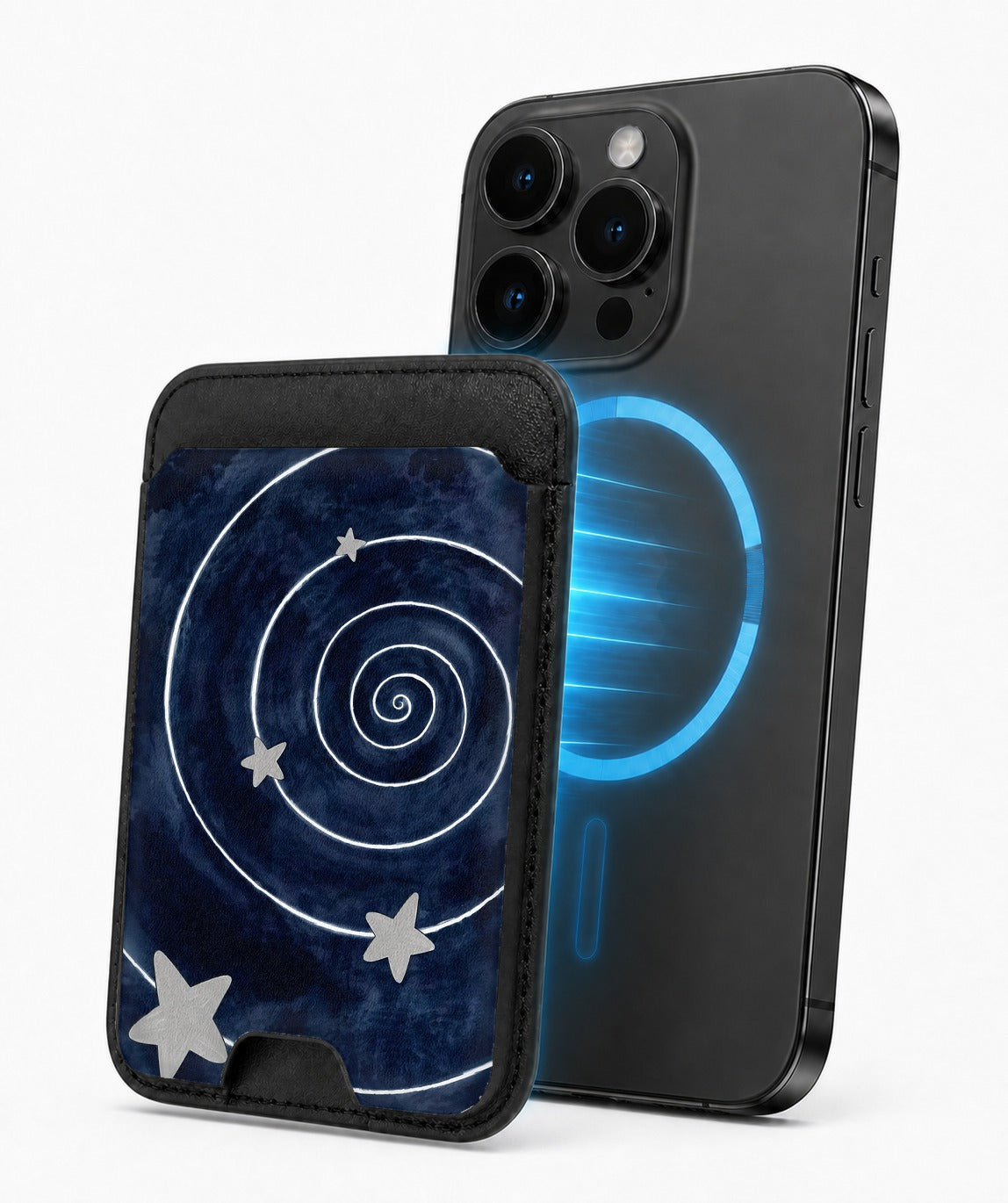 Midnight Blue Celestial Spiral MagSafe Card Holder, magnetic attachment to a compatible iPhone