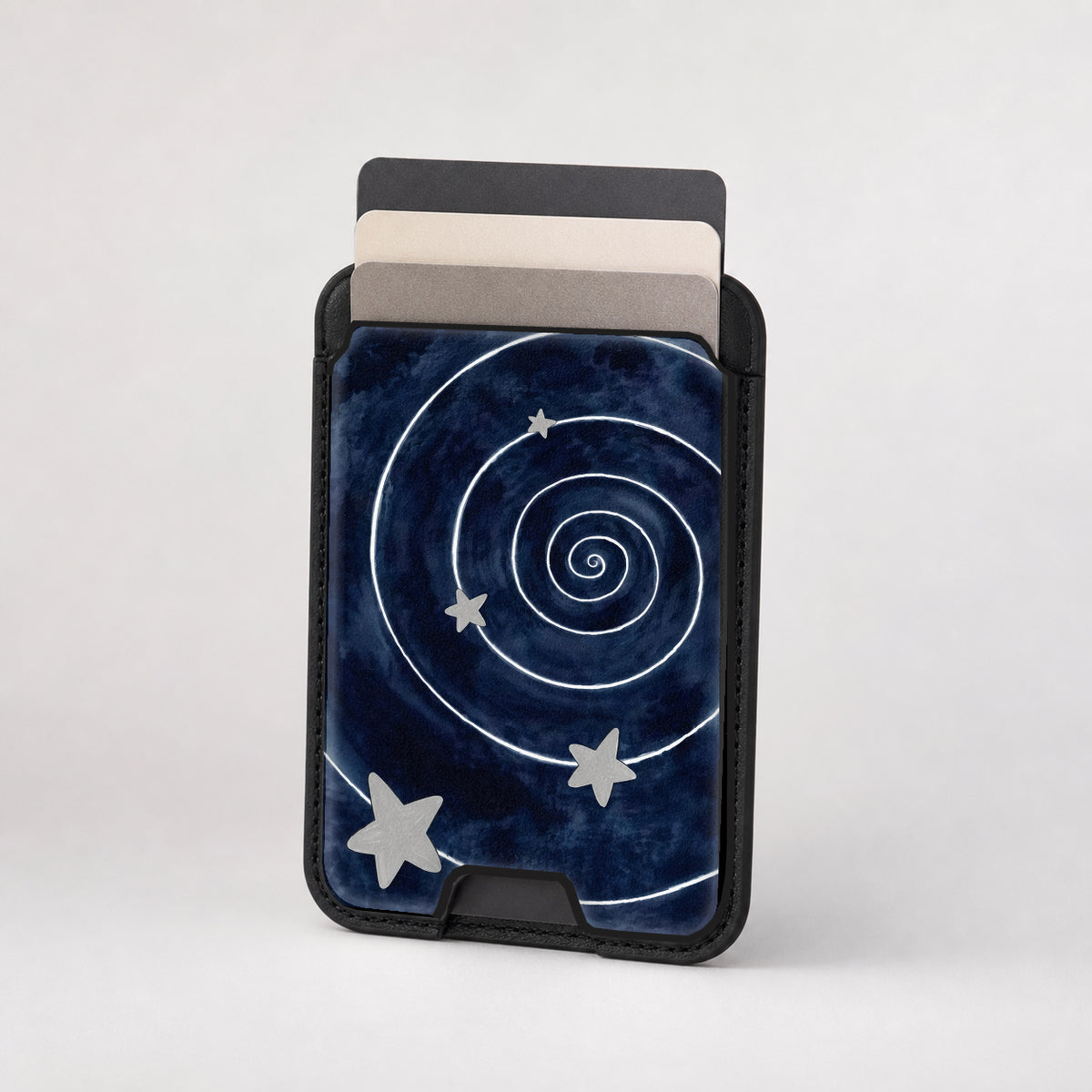 Midnight Blue Celestial Spiral MagSafe Card Holder, card storage shown with cards