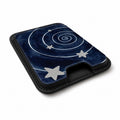 Midnight Blue Celestial Spiral MagSafe Card Holder, angled view showing the thumb access opening
