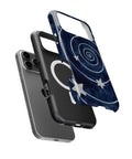 Midnight Blue Celestial Spiral MagSafe iPhone Tough Case, exploded view showing outer shell, inner layer and magnetic ring