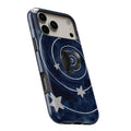 Midnight Blue Celestial Spiral MagSafe Loop Case, angled view with finger loop extended