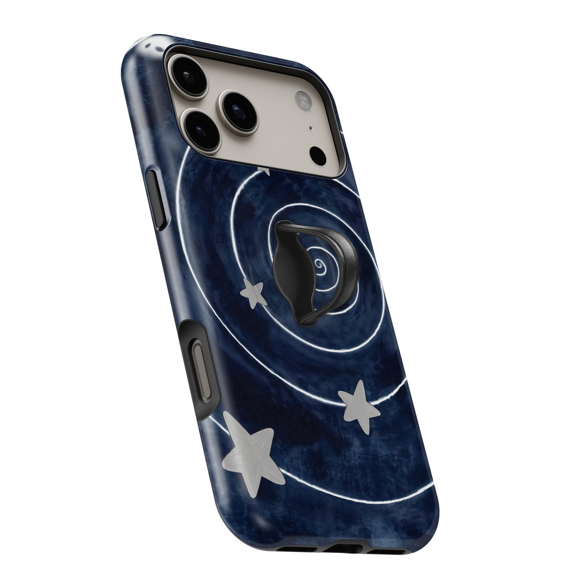 Midnight Blue Celestial Spiral MagSafe Loop Case, angled view with finger loop extended