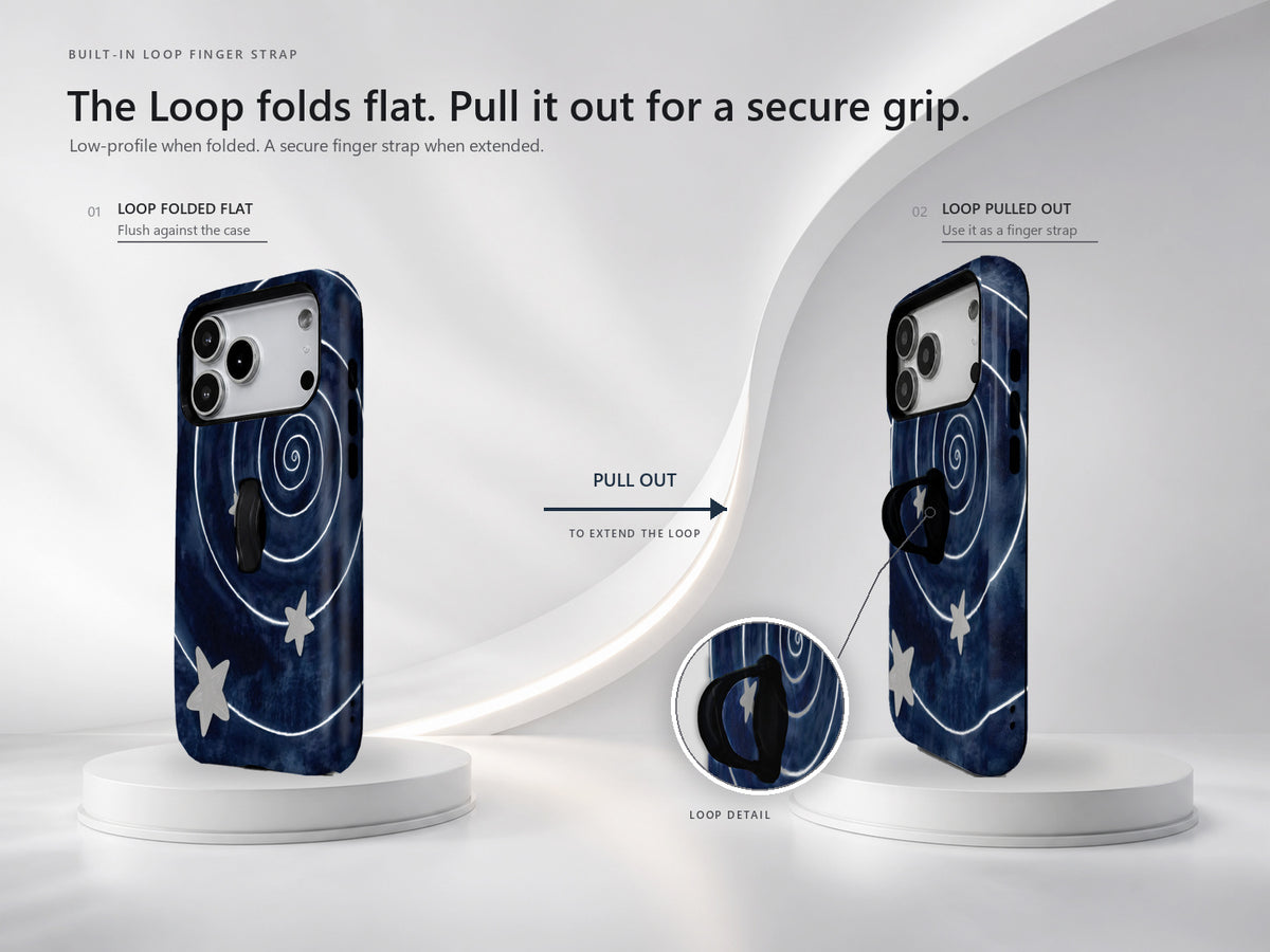 Midnight Blue Celestial Spiral MagSafe Loop Case, finger loop folded and extended positions