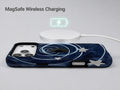 Midnight Blue Celestial Spiral MagSafe Loop Case, shown with a MagSafe wireless charger