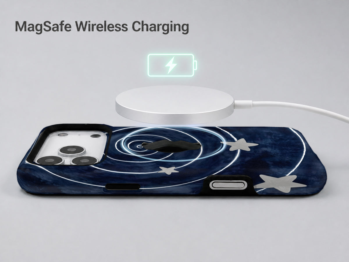 Midnight Blue Celestial Spiral MagSafe Loop Case, shown with a MagSafe wireless charger