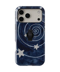 Midnight Blue Celestial Spiral MagSafe Loop Case, rear view with finger loop folded flat