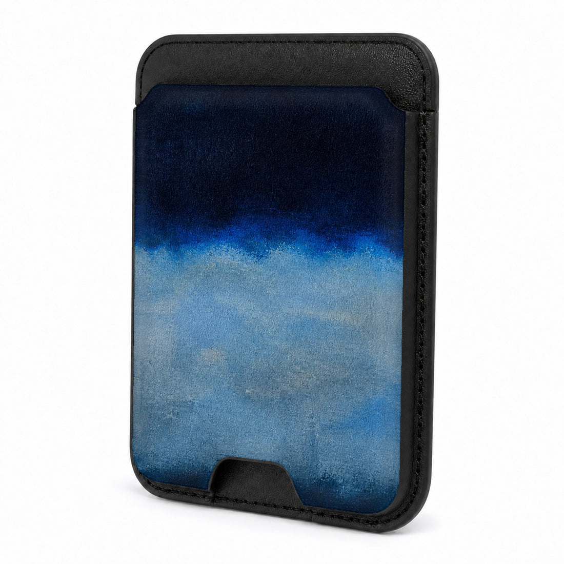 Front view of the Midnight Navy Sky Blue Color Block MagSafe card holder on a white background