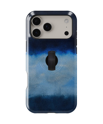 Midnight Navy Sky Blue Color Block MagSafe Loop iPhone Case with built-in finger loop closed