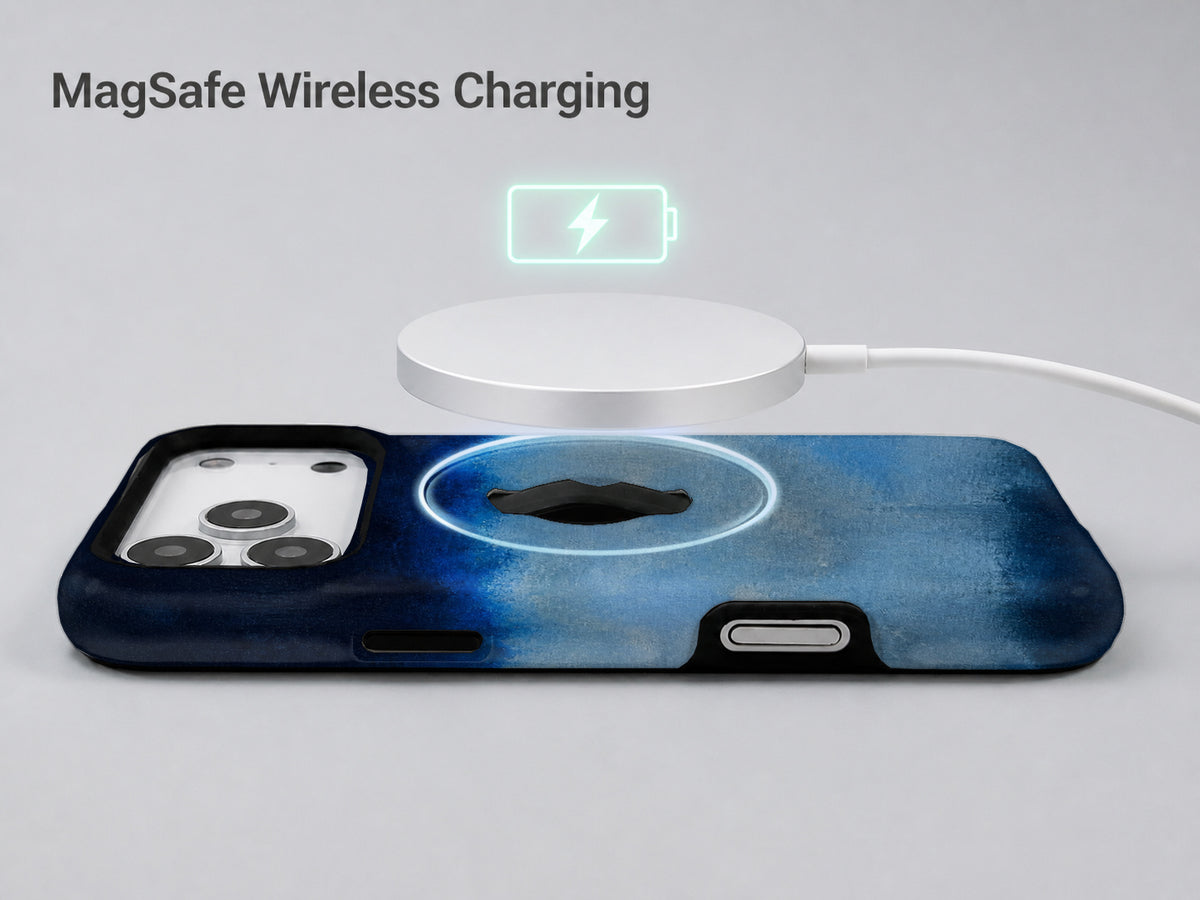 Midnight Navy Sky Blue Color Block MagSafe Loop iPhone Case shown with a MagSafe-compatible wireless charger attached