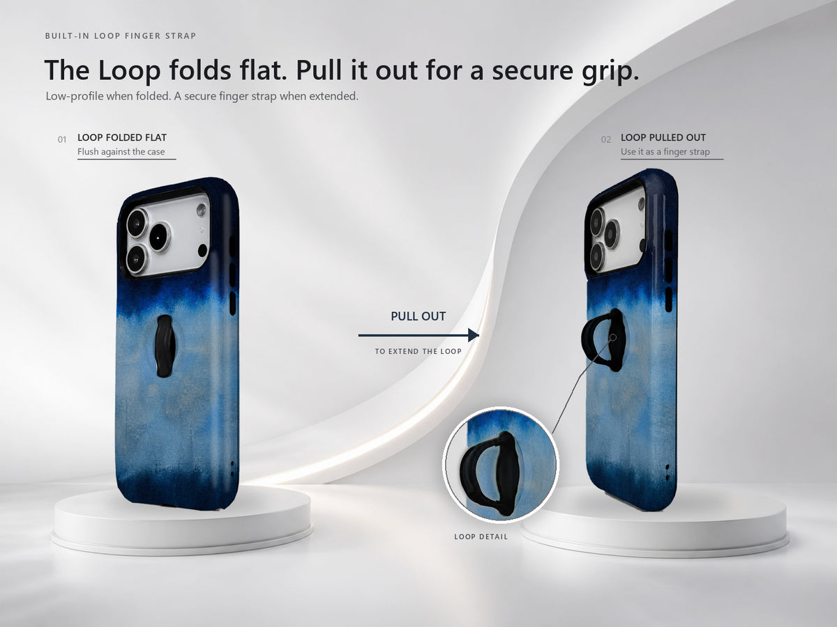 Midnight Navy Sky Blue Color Block MagSafe Loop iPhone Case side view showing the built-in finger loop