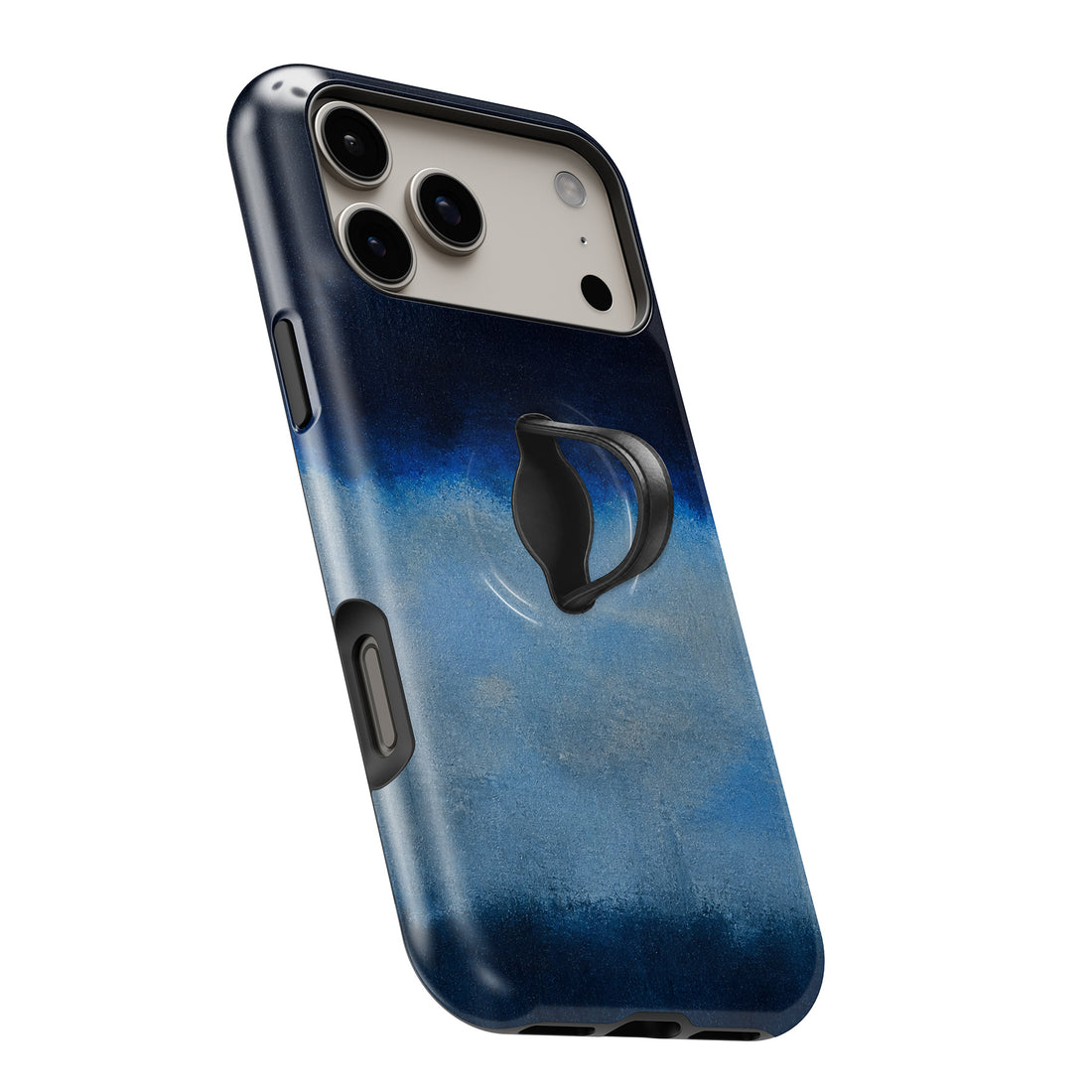 Midnight Navy Sky Blue Color Block MagSafe Loop iPhone case with built-in finger loop open