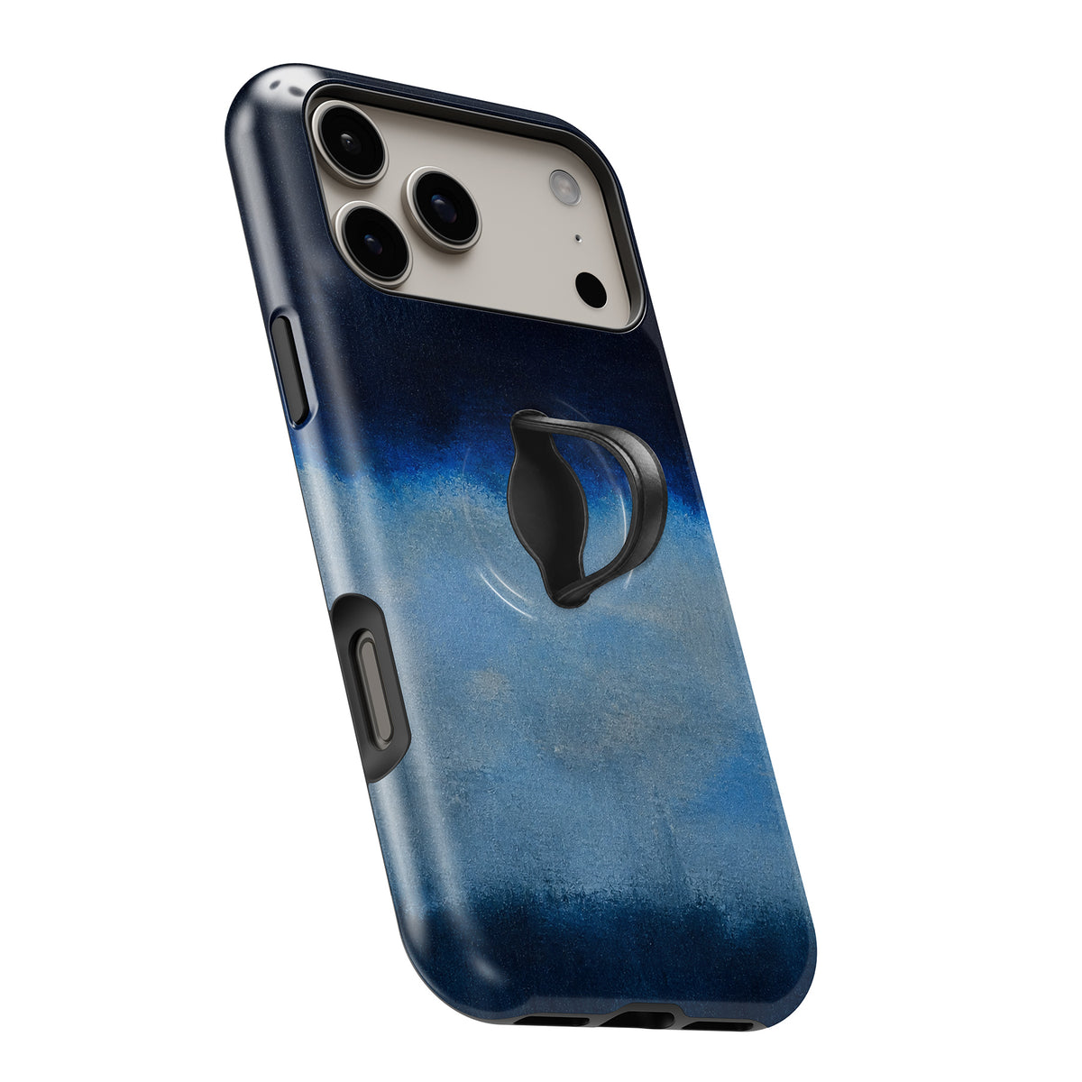 Midnight Navy Sky Blue Color Block MagSafe Loop iPhone case with built-in finger loop open
