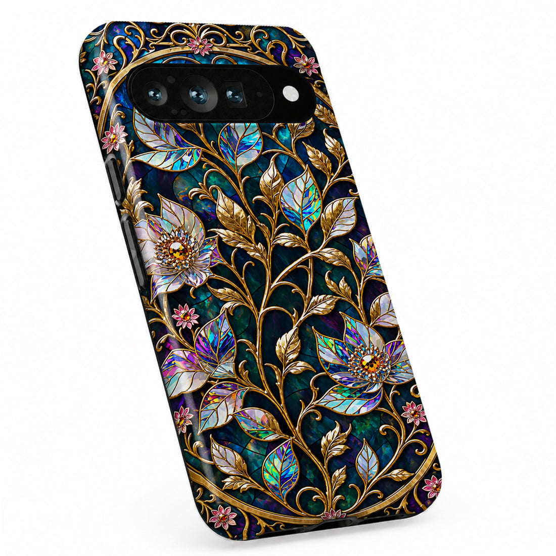 Midnight Ornate Jewel Floral Google Pixel case with botanical flowers and leaves