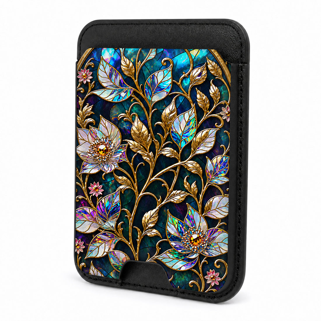 Front view of the Midnight Ornate Jewel Floral MagSafe card holder on a white background