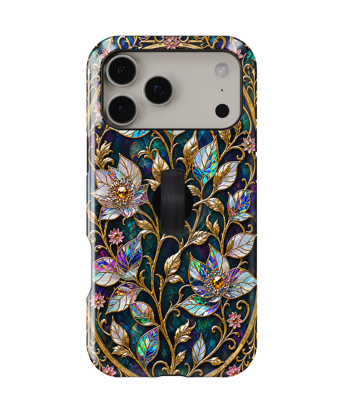 Midnight Ornate Jewel Floral MagSafe Loop iPhone Case with built-in finger loop closed