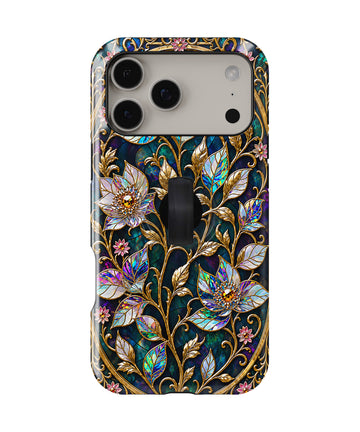 Midnight Ornate Jewel Floral MagSafe Loop iPhone Case with built-in finger loop closed