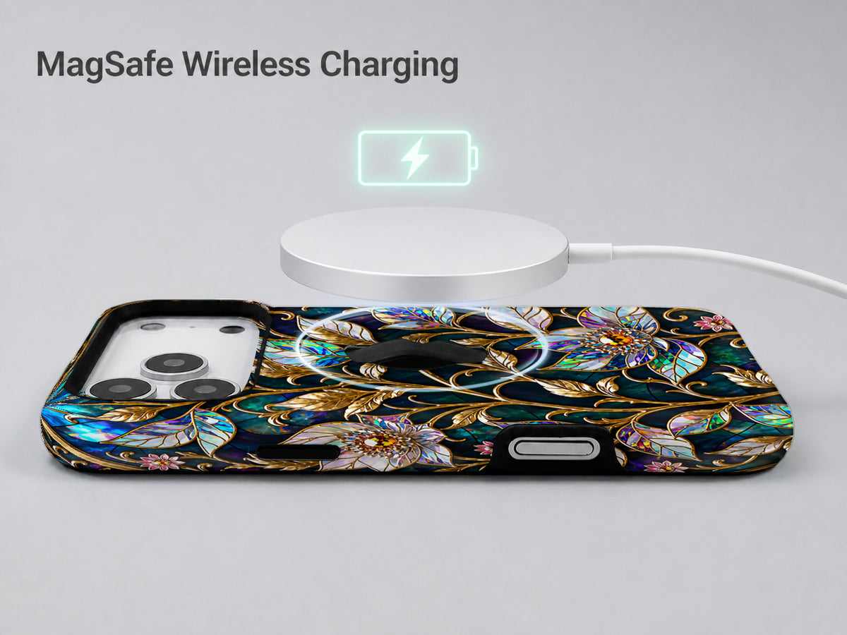 Midnight Ornate Jewel Floral MagSafe Loop iPhone Case shown with a MagSafe-compatible wireless charger attached
