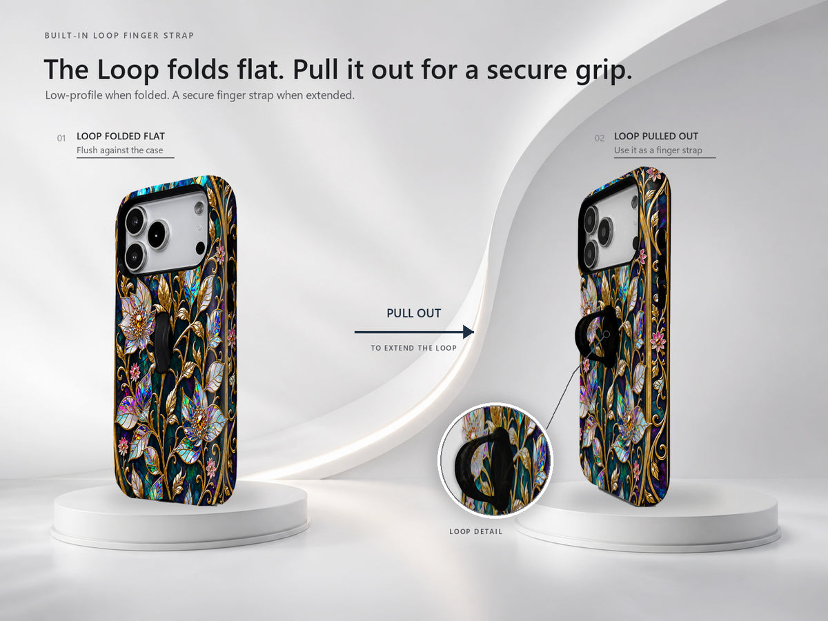 Midnight Ornate Jewel Floral MagSafe Loop iPhone Case side view showing the built-in finger loop