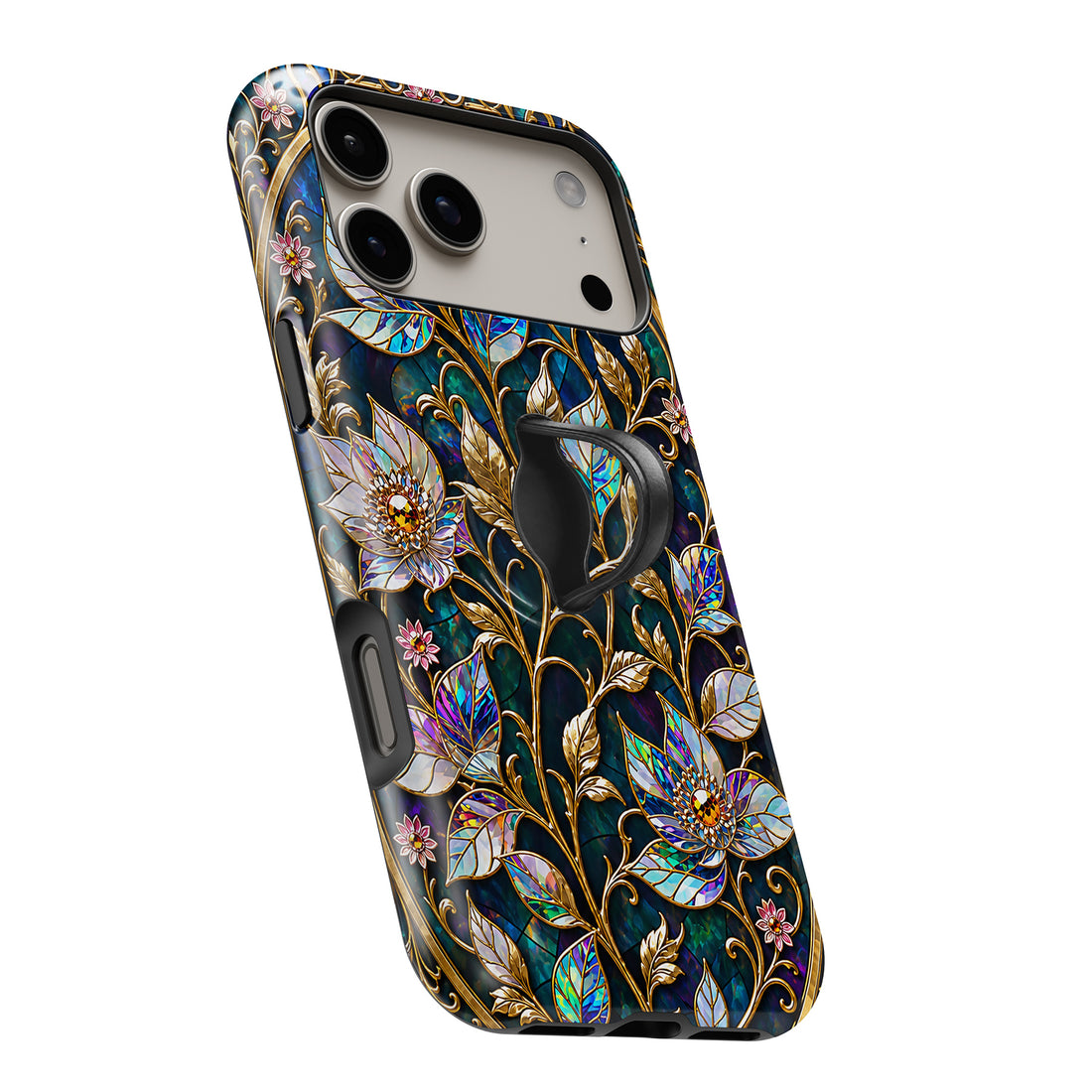 Midnight Ornate Jewel Floral MagSafe Loop iPhone case with built-in finger loop open