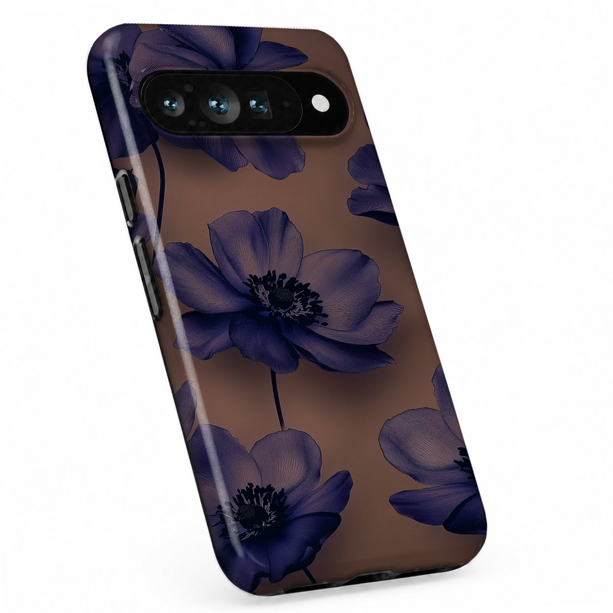 Midnight Purple Floral Google Pixel case with botanical flowers and leaves