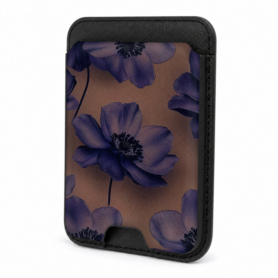 Front view of the Midnight Purple Floral MagSafe card holder on a white background