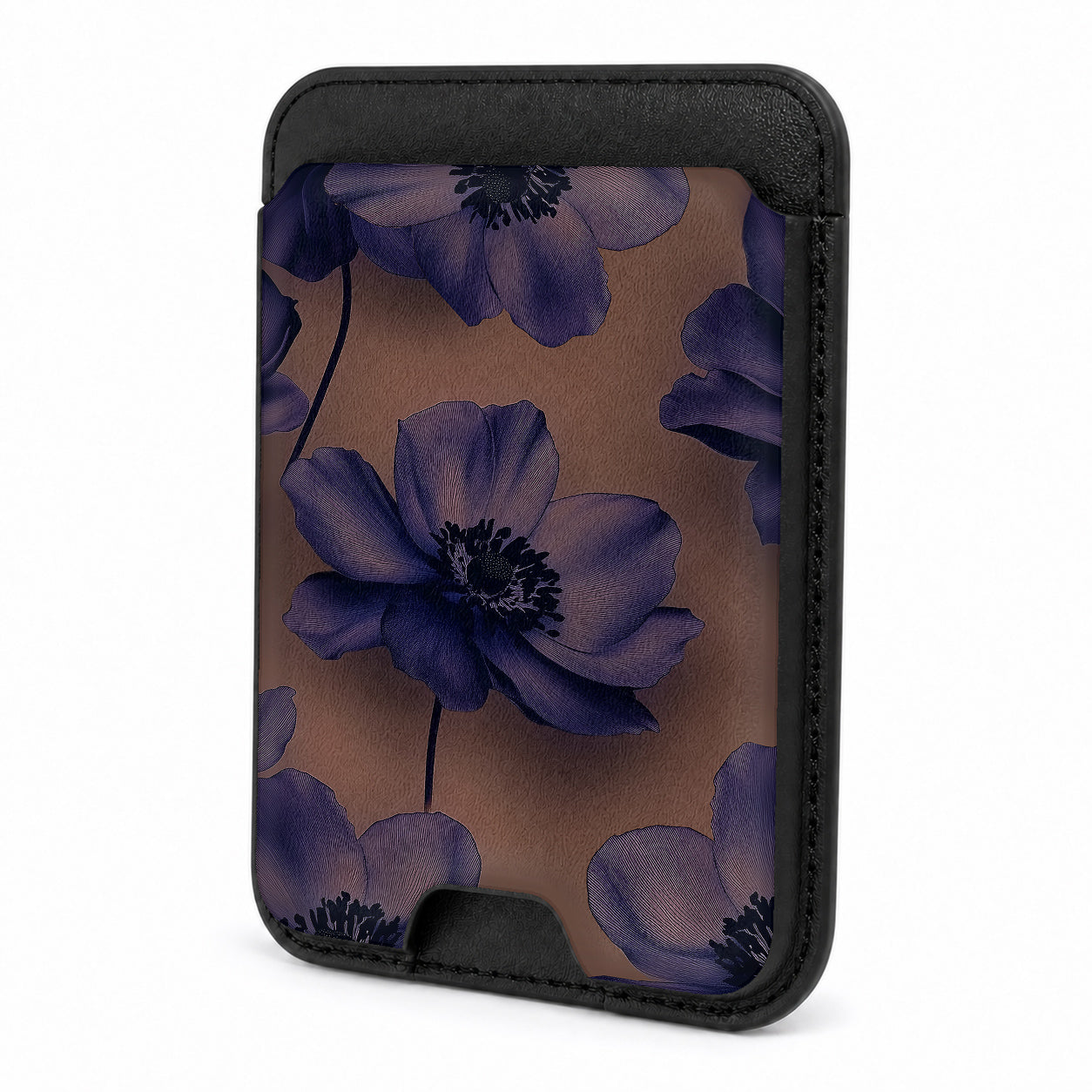 Front view of the Midnight Purple Floral MagSafe card holder on a white background