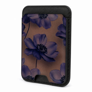Front view of the Midnight Purple Floral MagSafe card holder on a white background