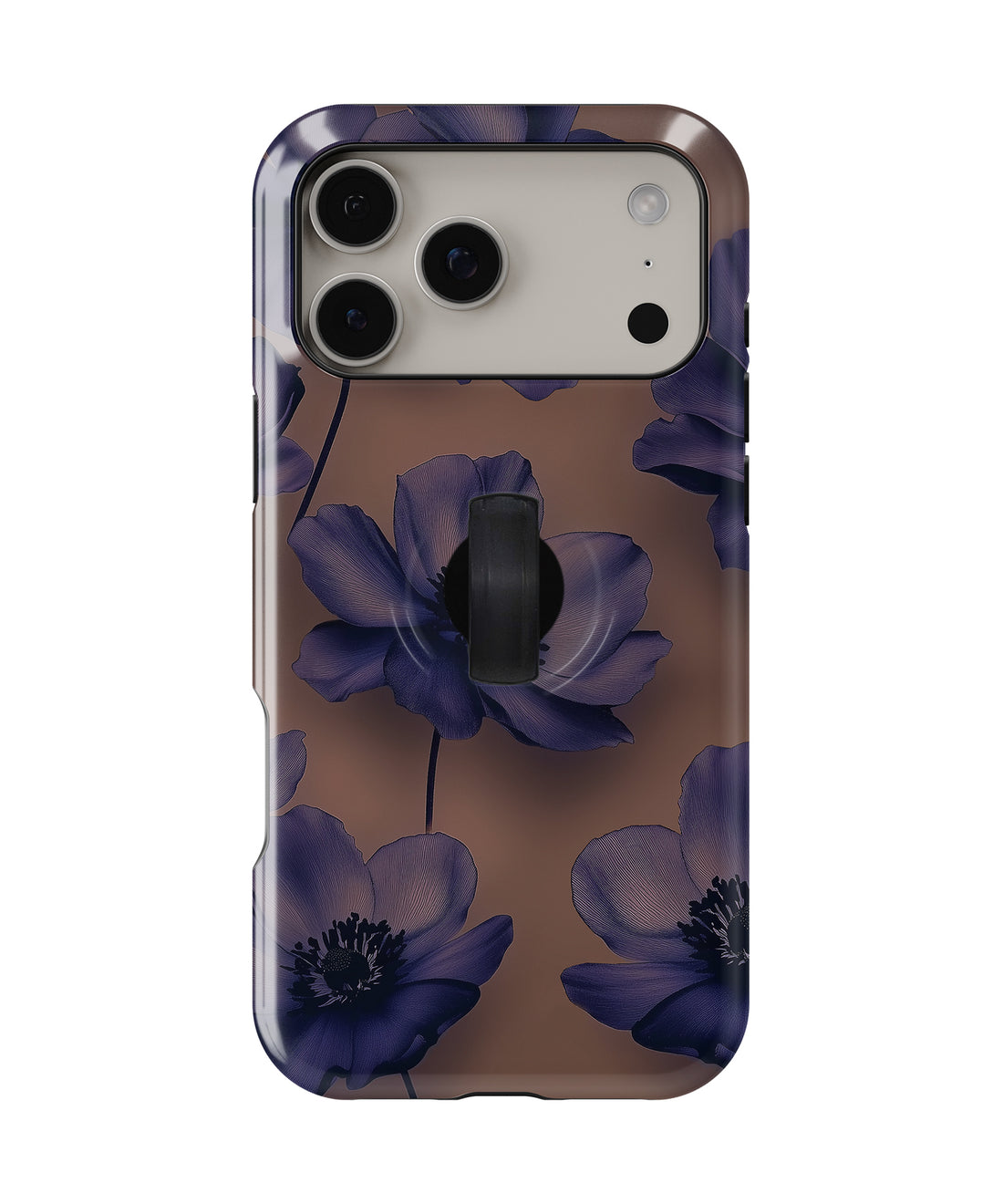 Midnight Purple Floral MagSafe Loop iPhone Case with built-in finger loop closed