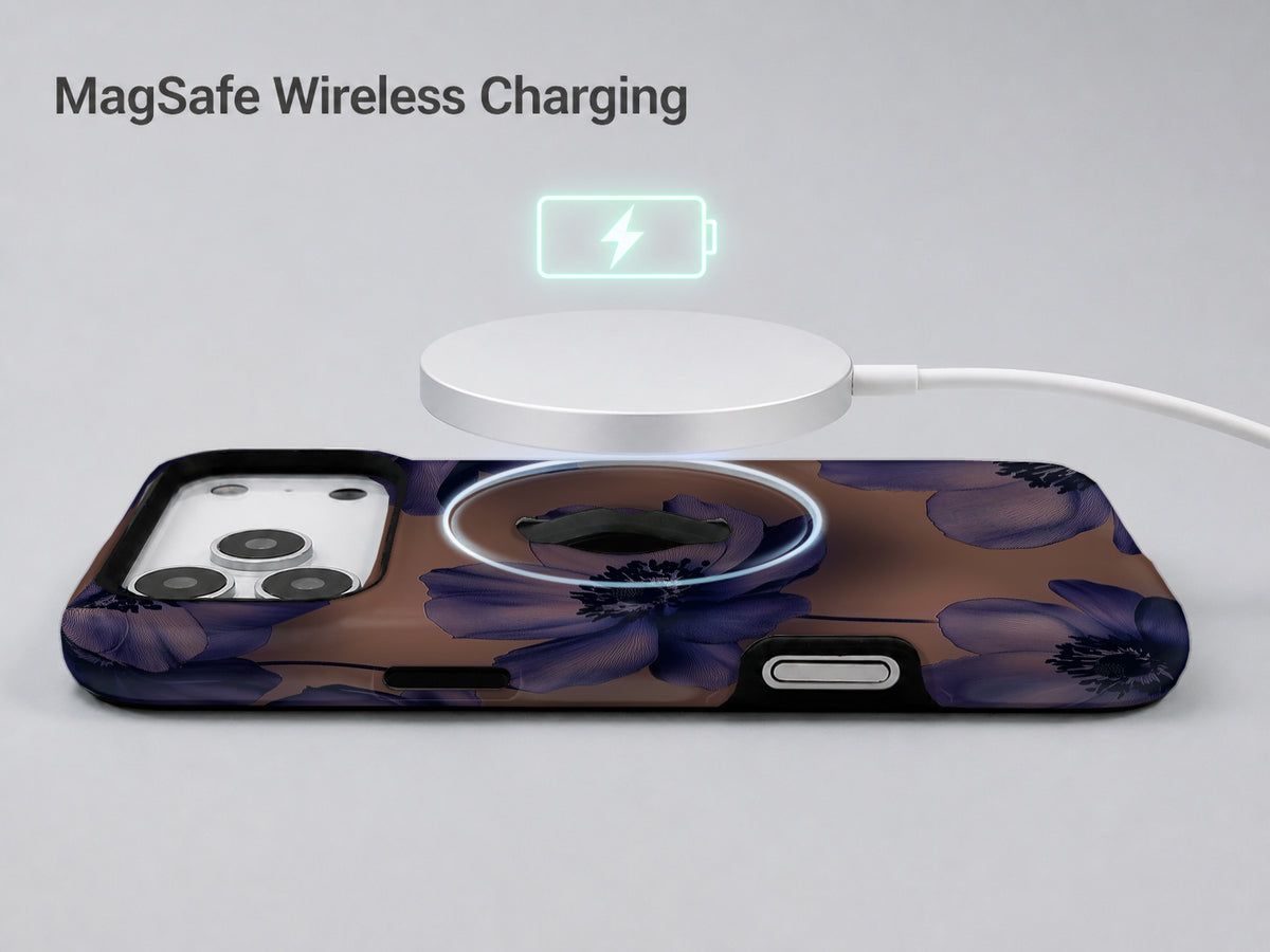 Midnight Purple Floral MagSafe Loop iPhone Case shown with a MagSafe-compatible wireless charger attached