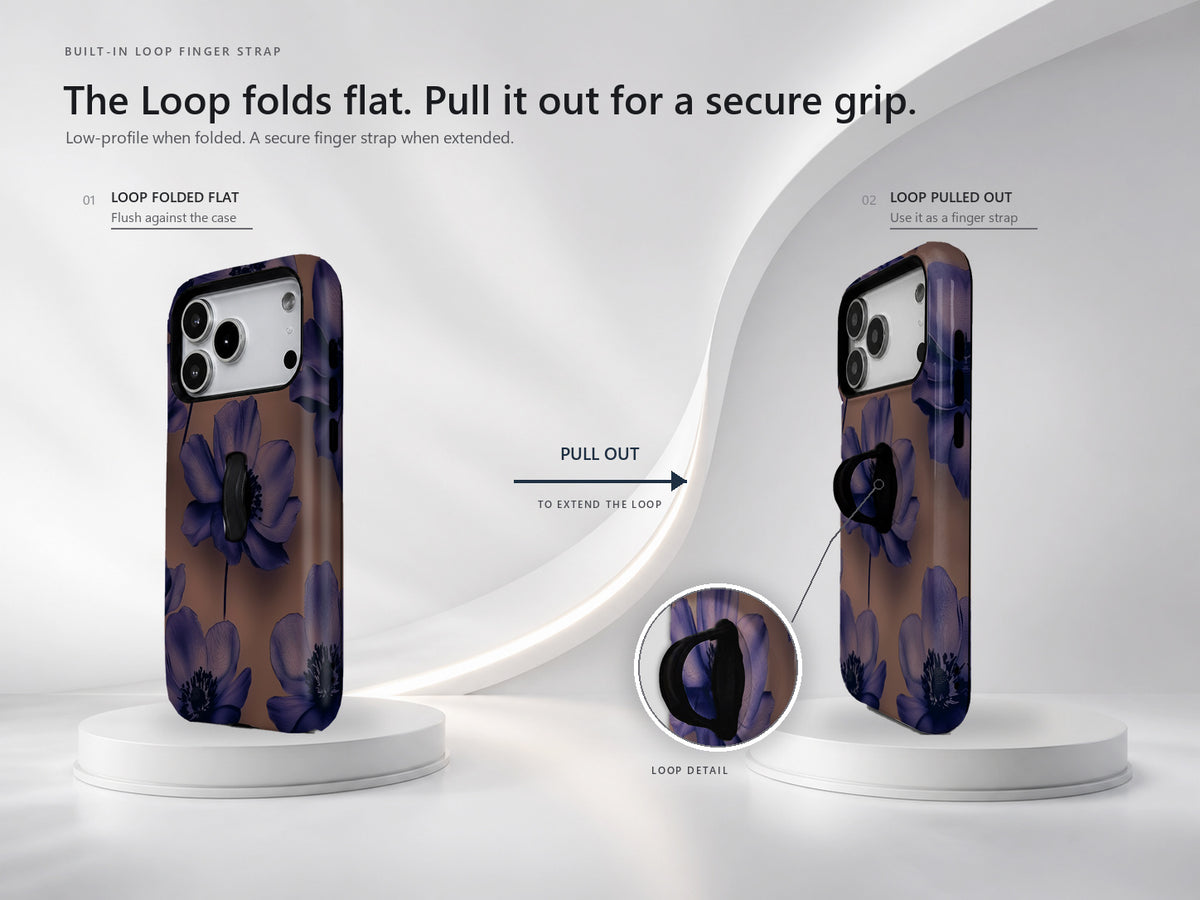 Midnight Purple Floral MagSafe Loop iPhone Case side view showing the built-in finger loop