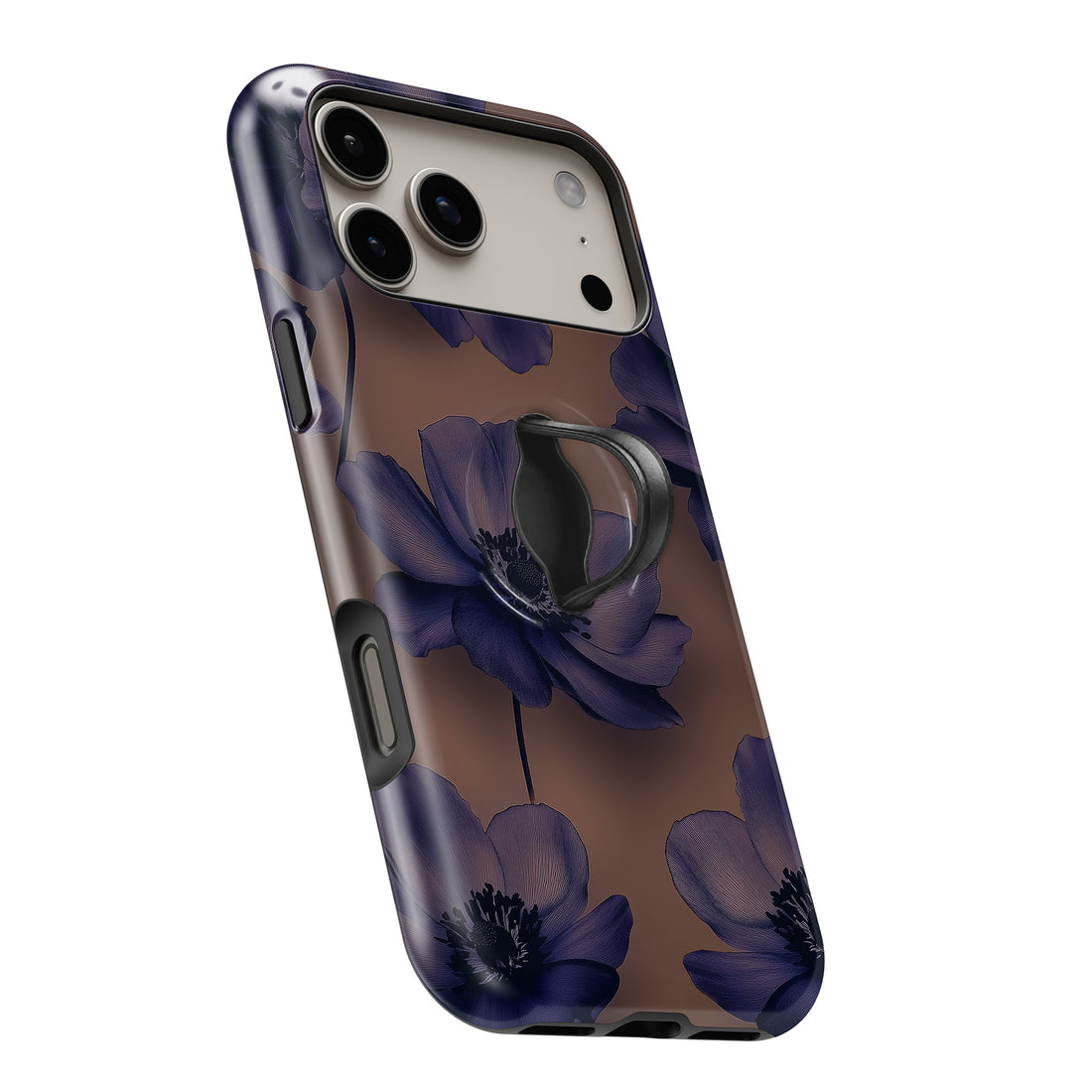 Midnight Purple Floral MagSafe Loop iPhone case with built-in finger loop open