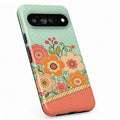 Mint Retro Folk Floral Google Pixel case with botanical flowers and leaves