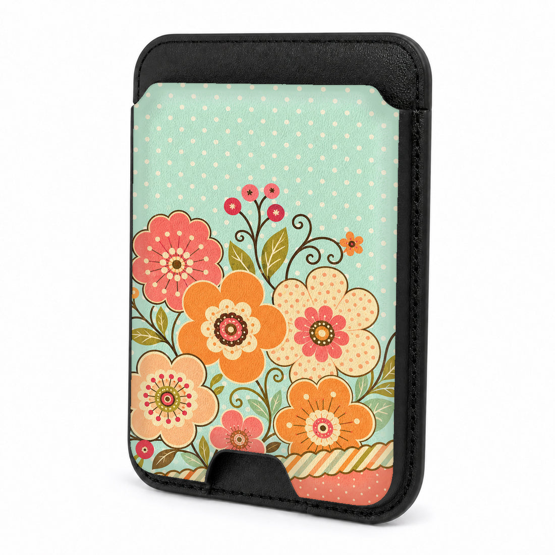 Front view of the Mint Retro Folk Floral MagSafe card holder on a white background