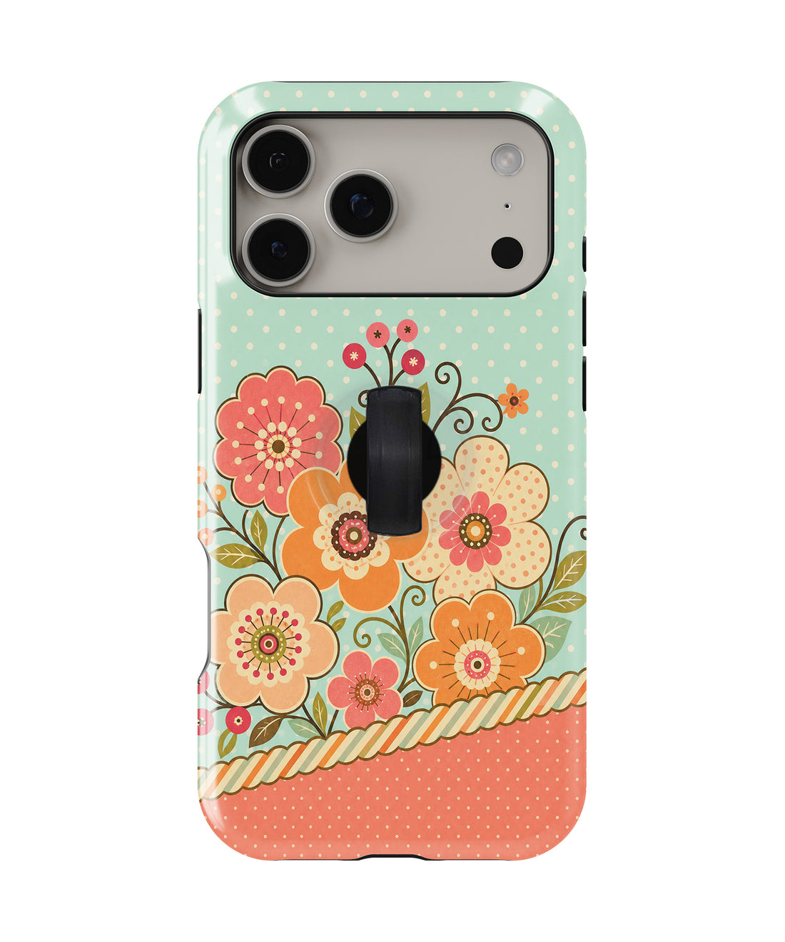 Mint Retro Folk Floral MagSafe Loop iPhone Case with built-in finger loop closed