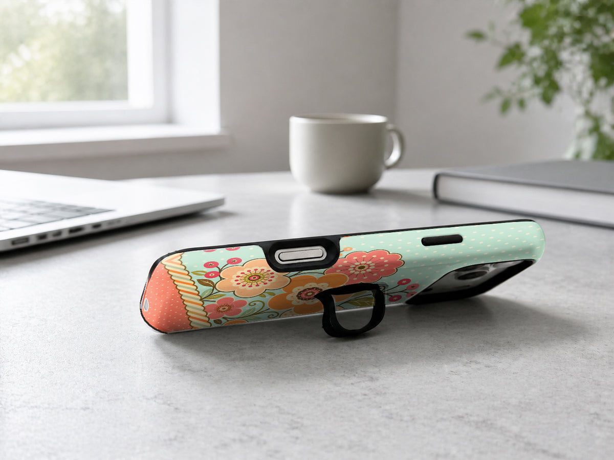 Mint Retro Folk Floral MagSafe Loop iPhone Case shown in a neutral white professional lifestyle setting