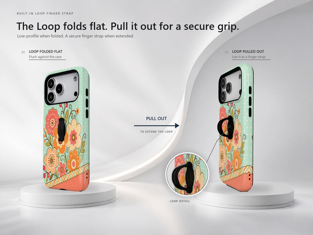 Mint Retro Folk Floral MagSafe Loop iPhone Case side view showing the built-in finger loop