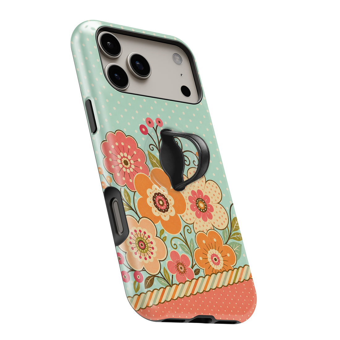 Mint Retro Folk Floral MagSafe Loop iPhone case with built-in finger loop open