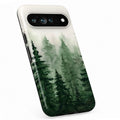 Misty Evergreen Forest Google Pixel case with illustrated scenic artwork