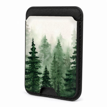 Front view of the Misty Evergreen Forest MagSafe card holder on a white background