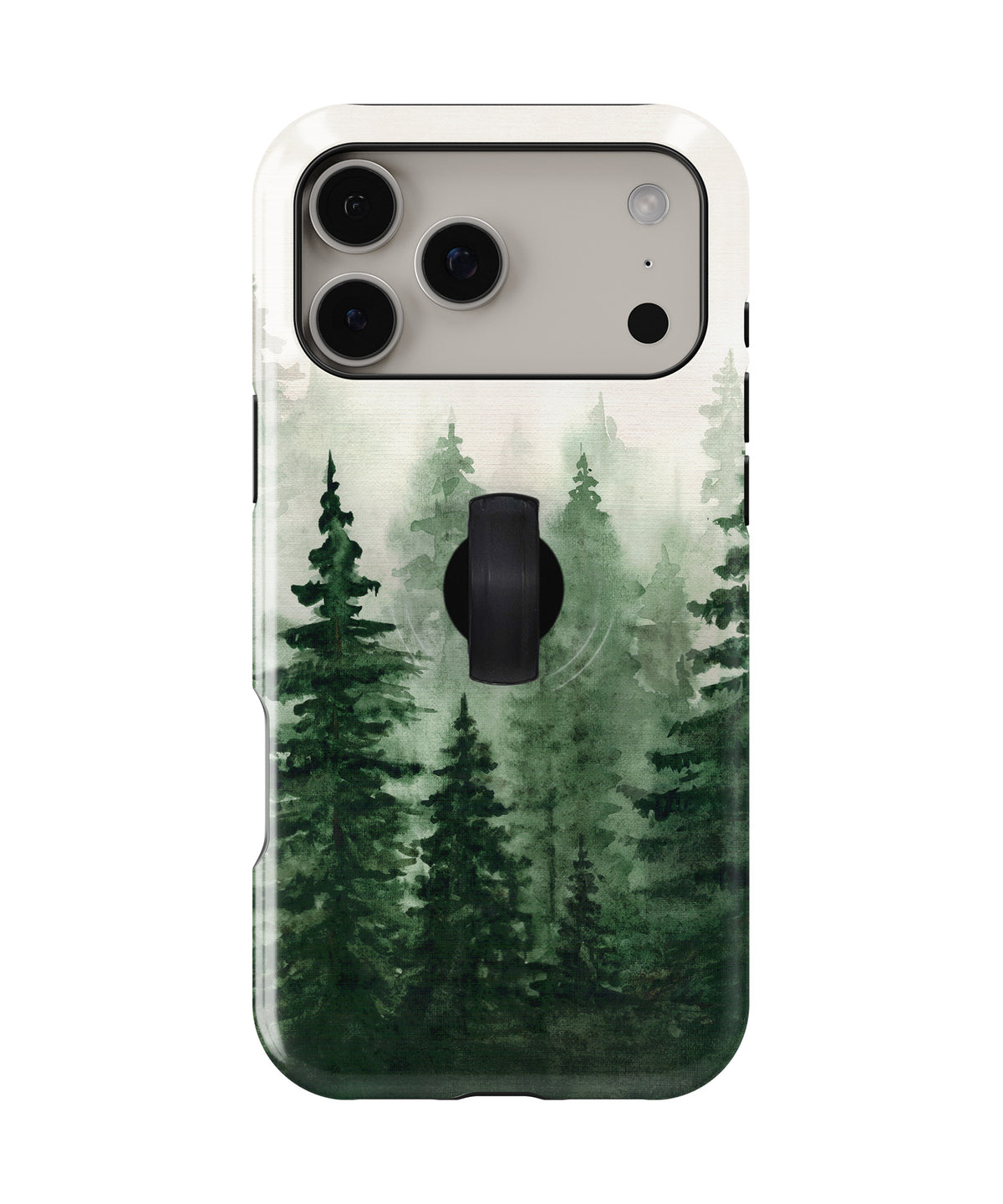 Misty Evergreen Forest MagSafe Loop iPhone Case with built-in finger loop closed